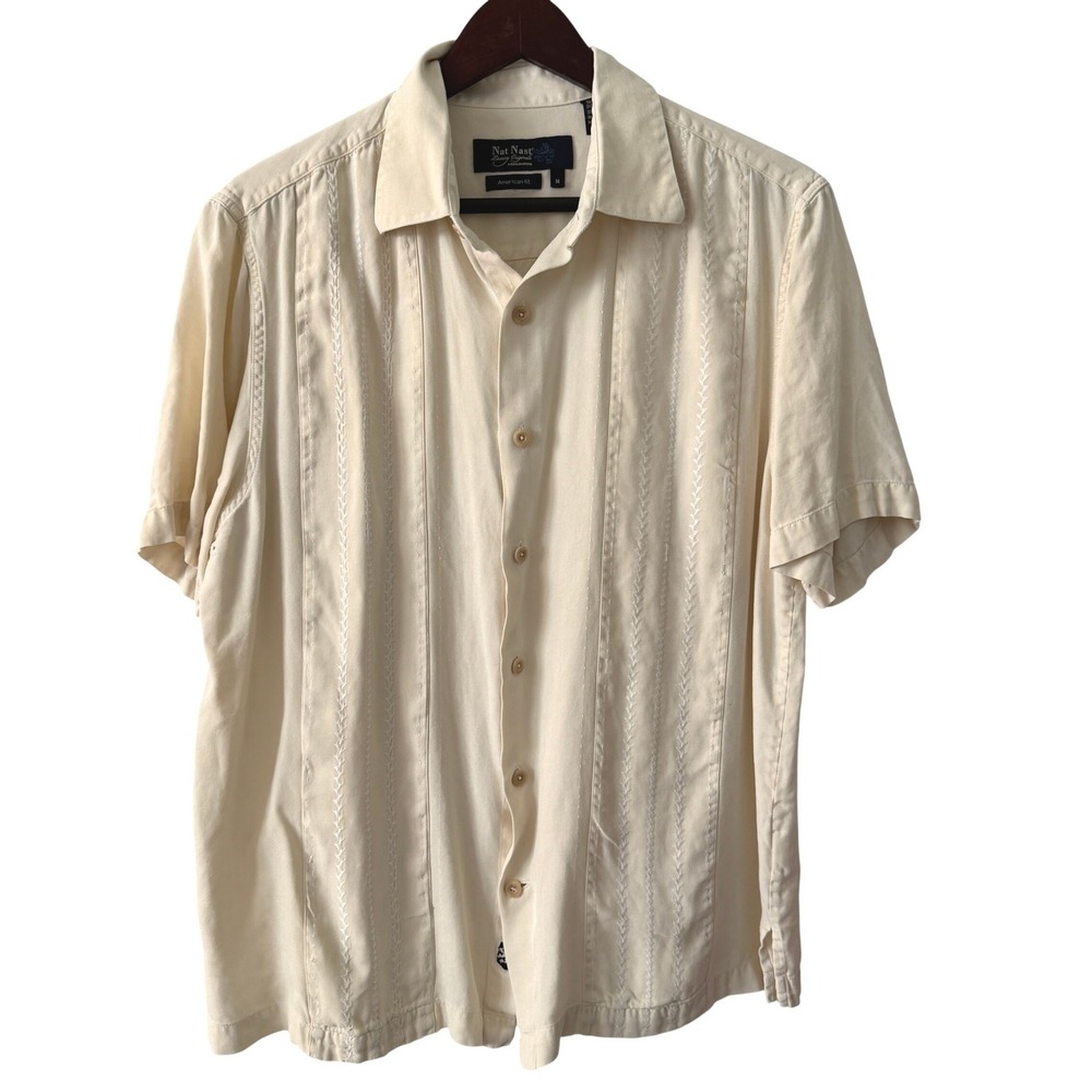 Nat Nast Silk Camp Shirt Mens M‎ Cream Embroidered Guayabera Button Down